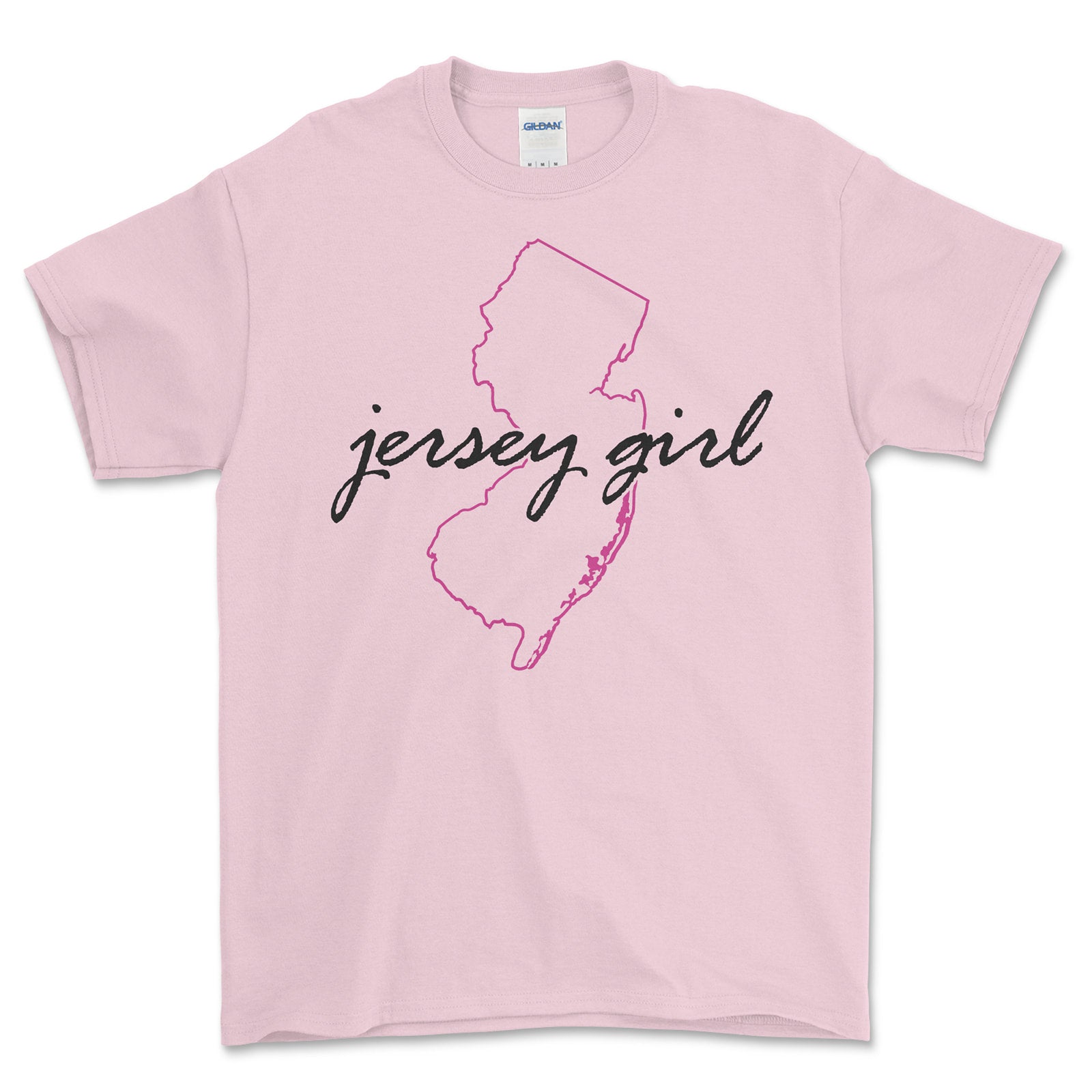 Pink t-shirt with 'jersey girl' text and outline of New Jersey on a white background