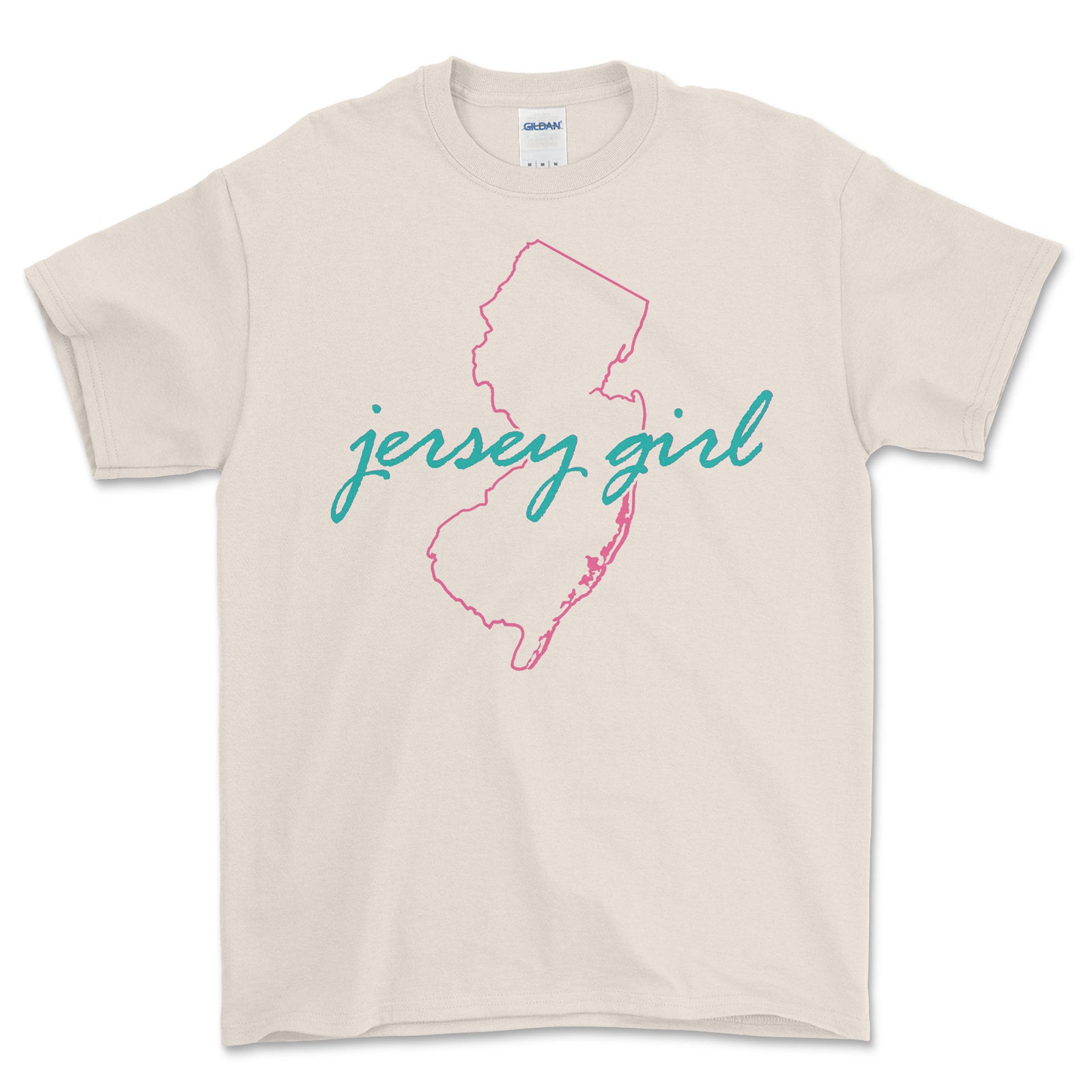 Beige t-shirt with 'jersey girl' design on a white background