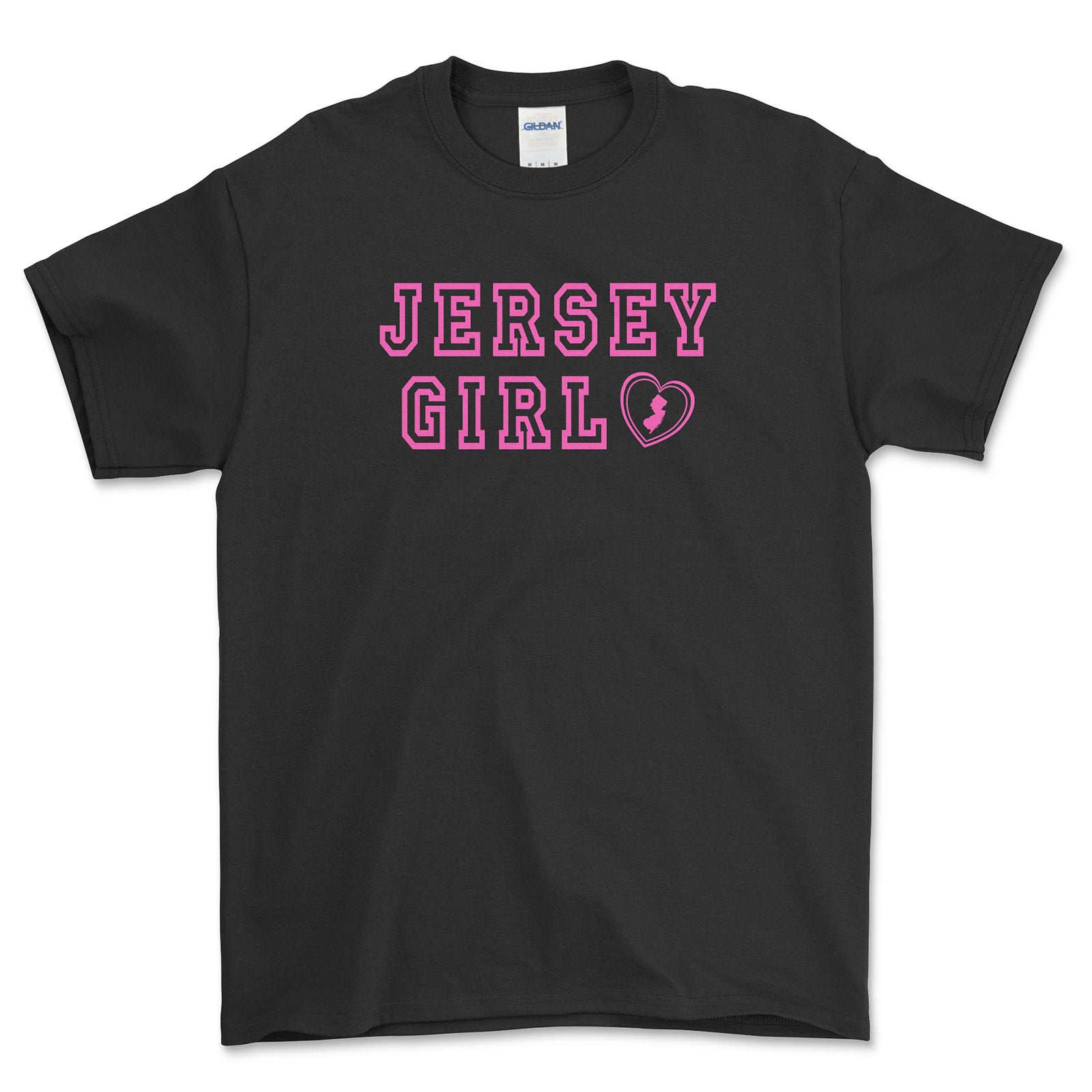 Black t-shirt with 'Jersey Girl' text in pink on a white background