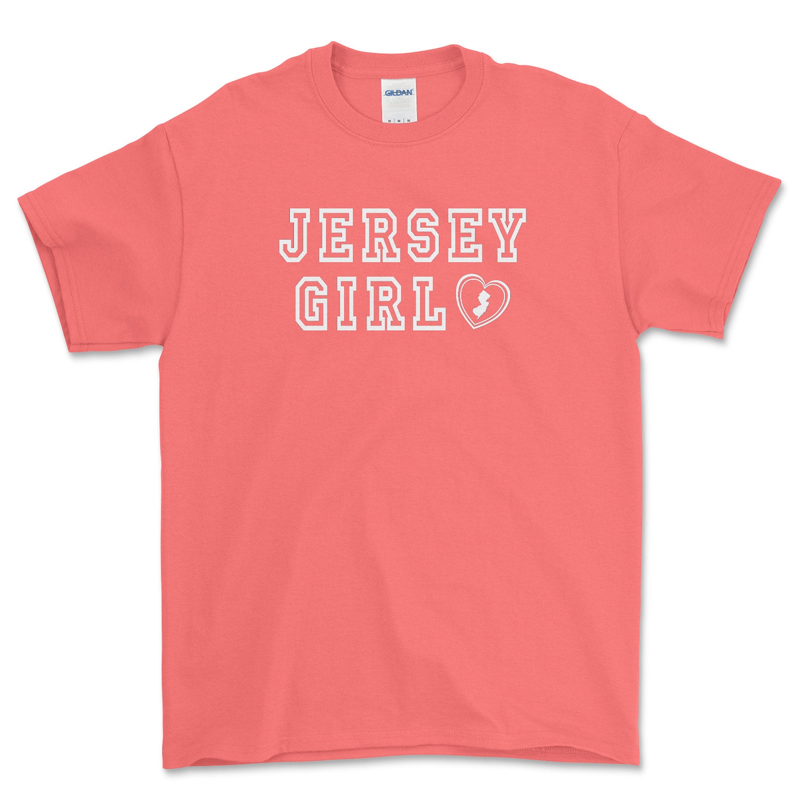 Coral t-shirt with 'Jersey Girl' text on a white background