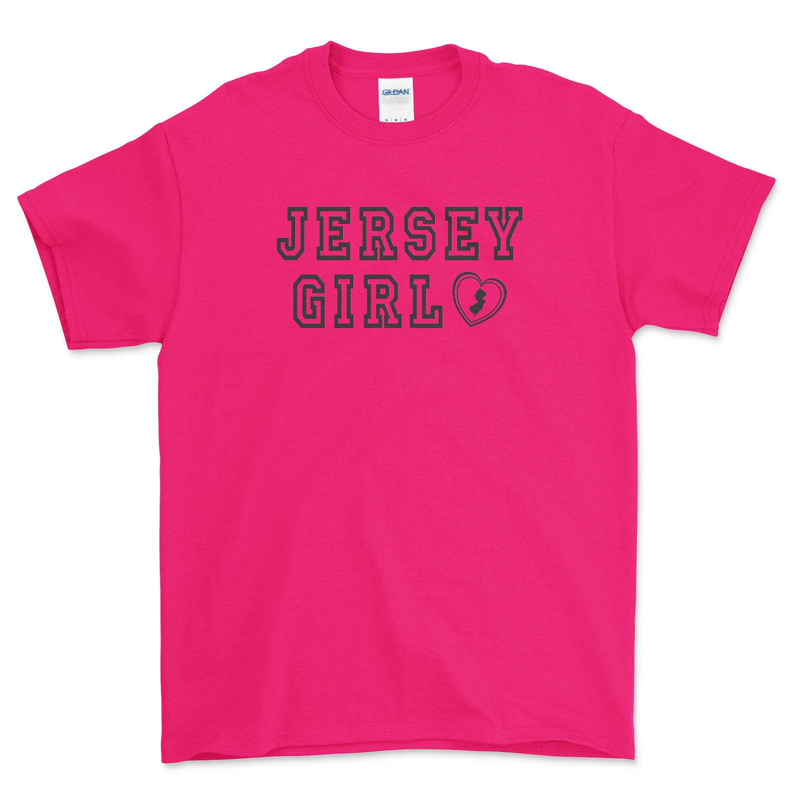 Pink t-shirt with 'Jersey Girl' text on a white background