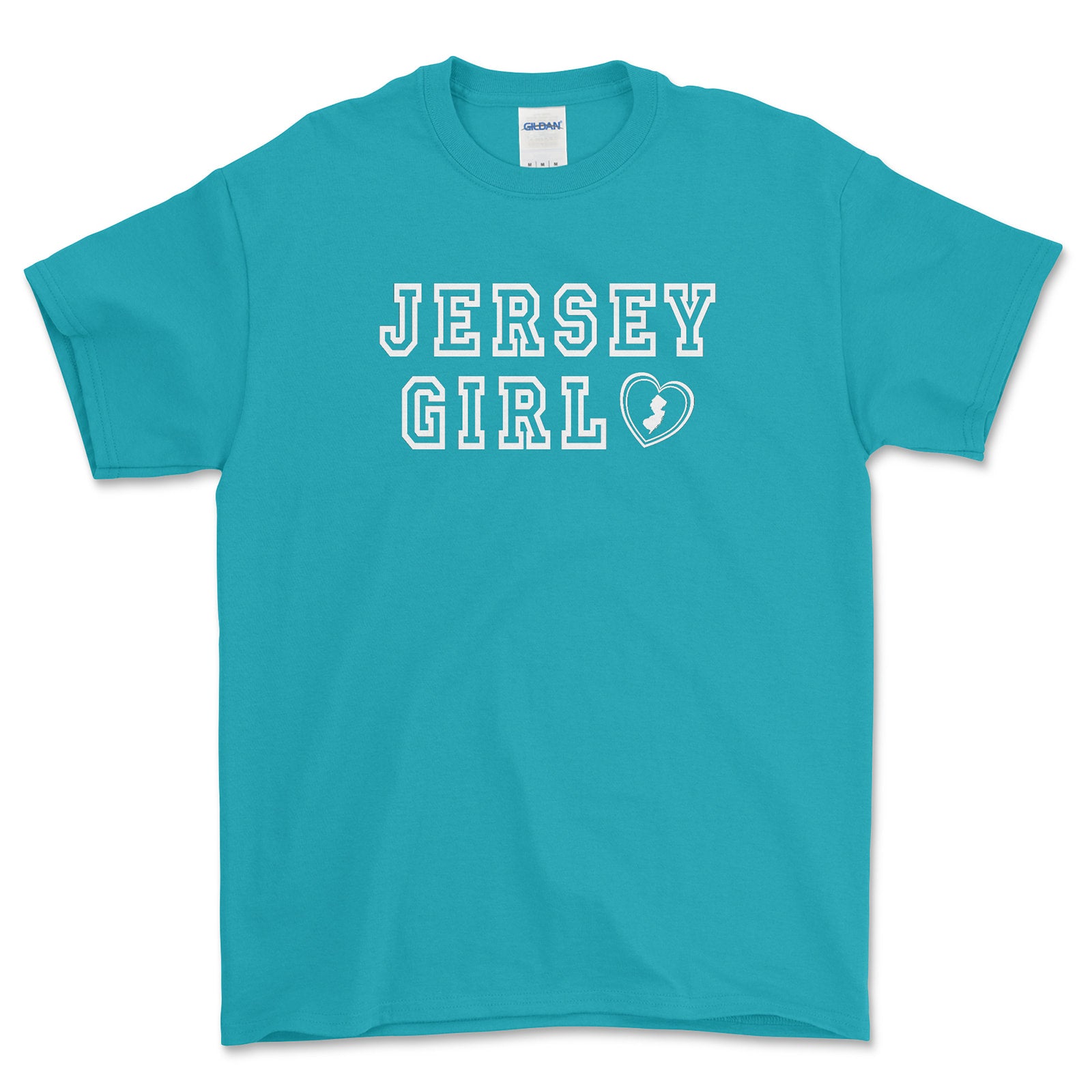 Turquoise t-shirt with 'Jersey Girl' text on a white background