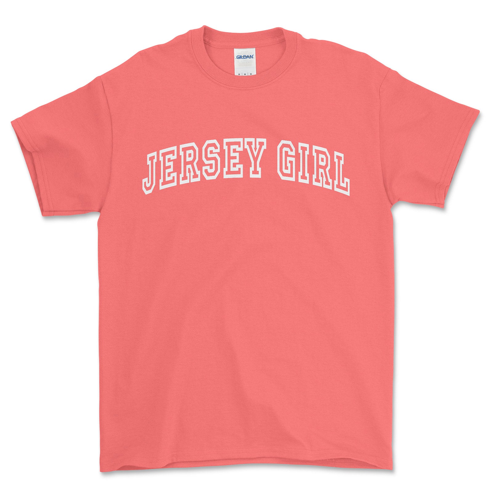 Coral t-shirt with 'Jersey Girl' text on a white background