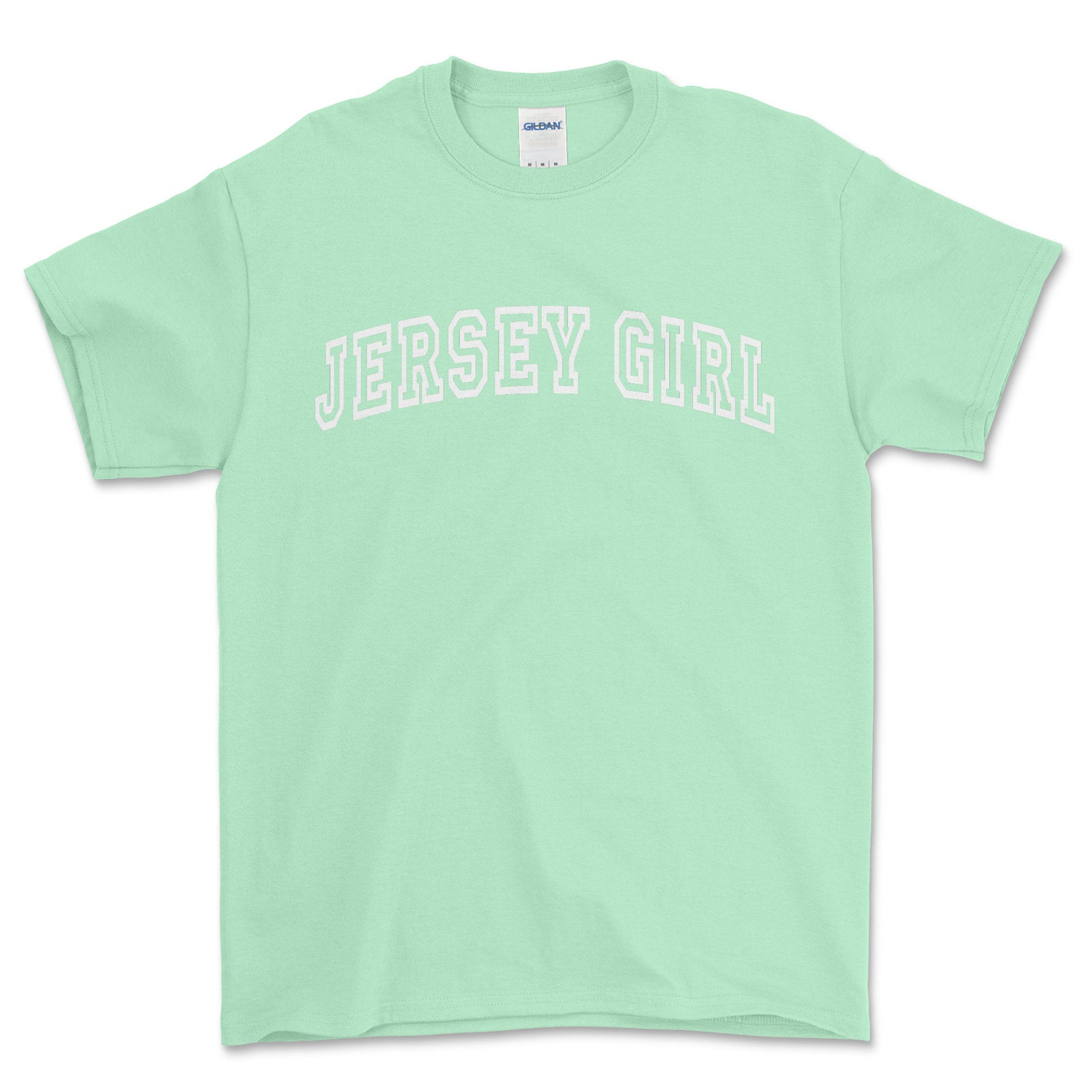 Light green t-shirt with 'Jersey Girl' text on a white background