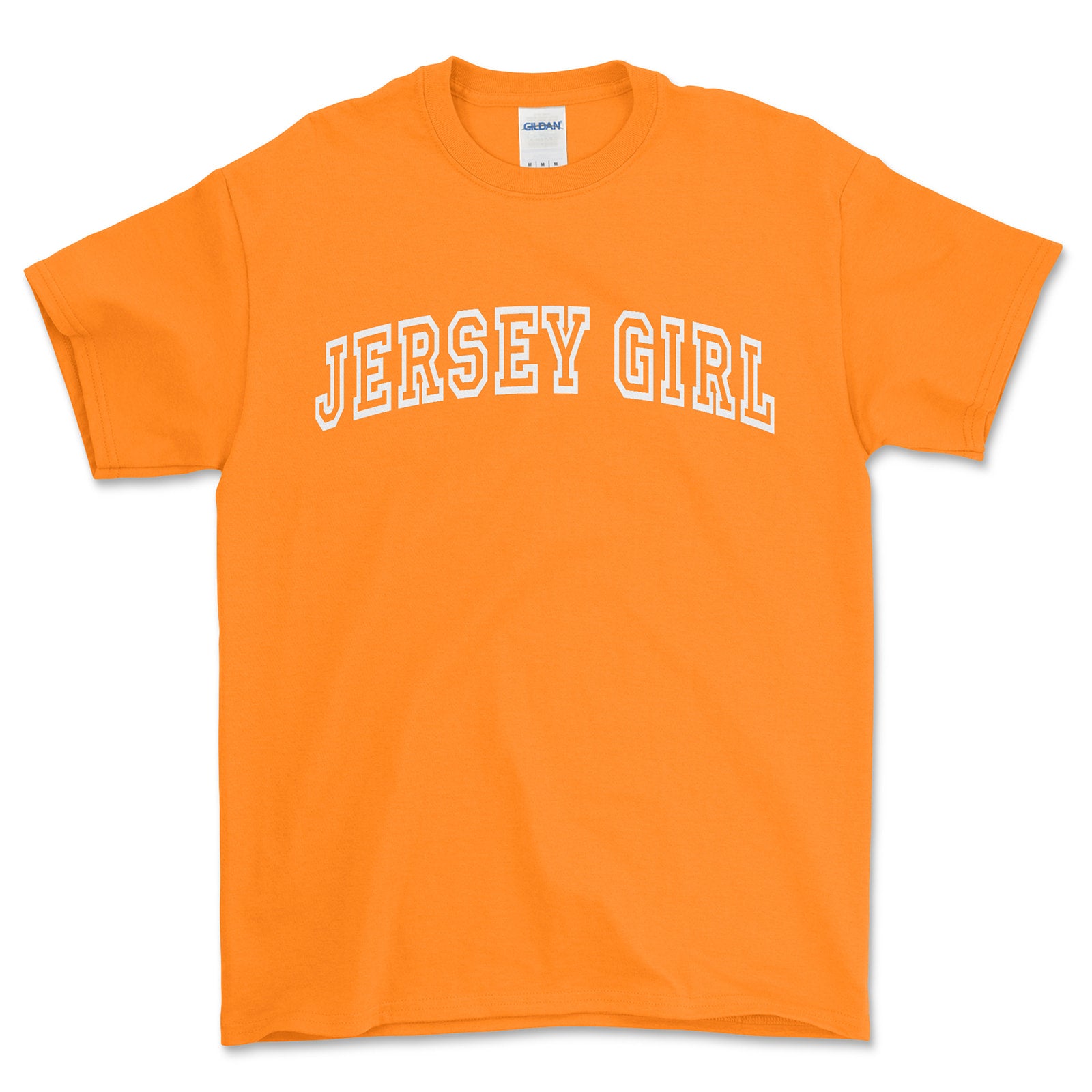 Orange t-shirt with 'Jersey Girl' text on a white background