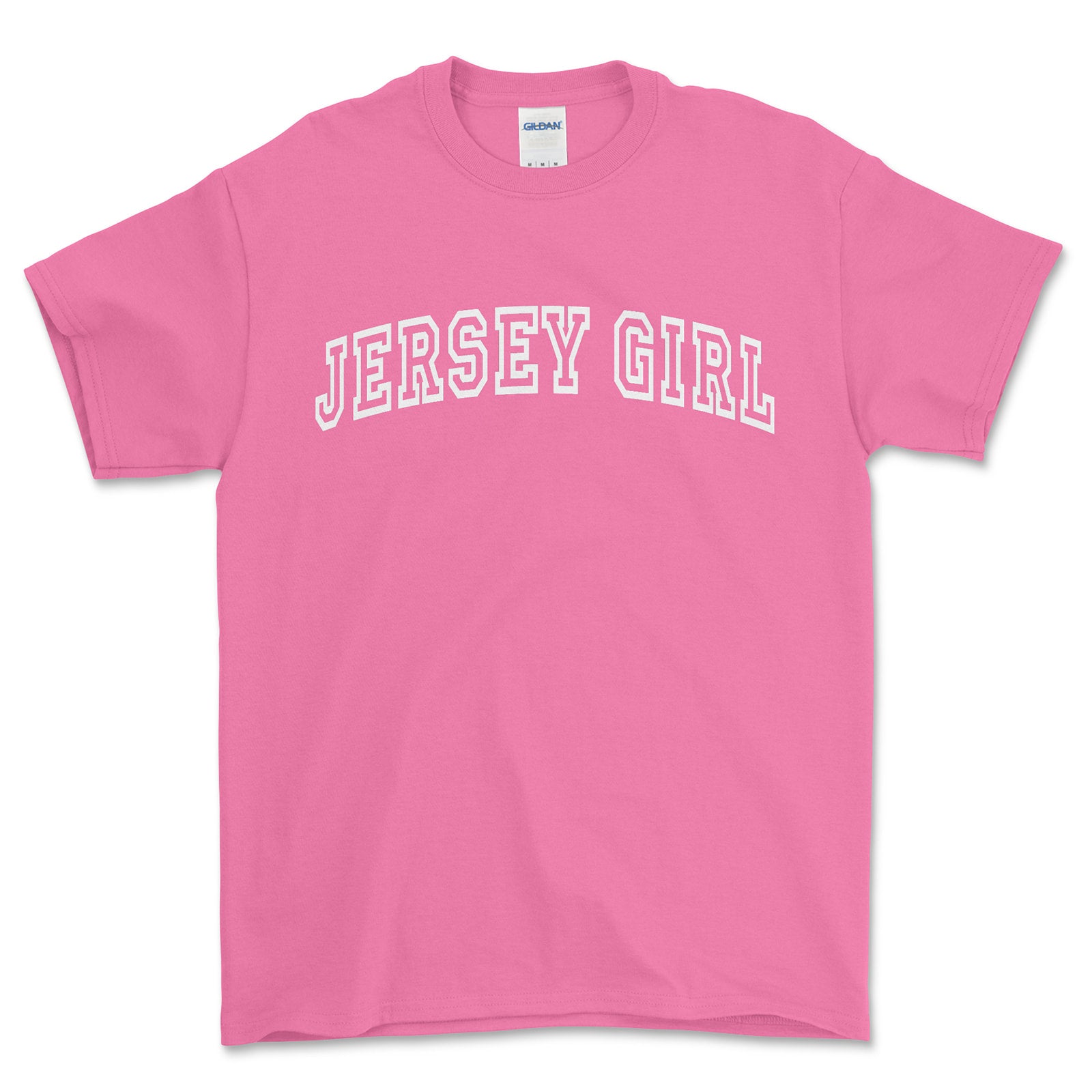 Pink t-shirt with 'Jersey Girl' text on a white background