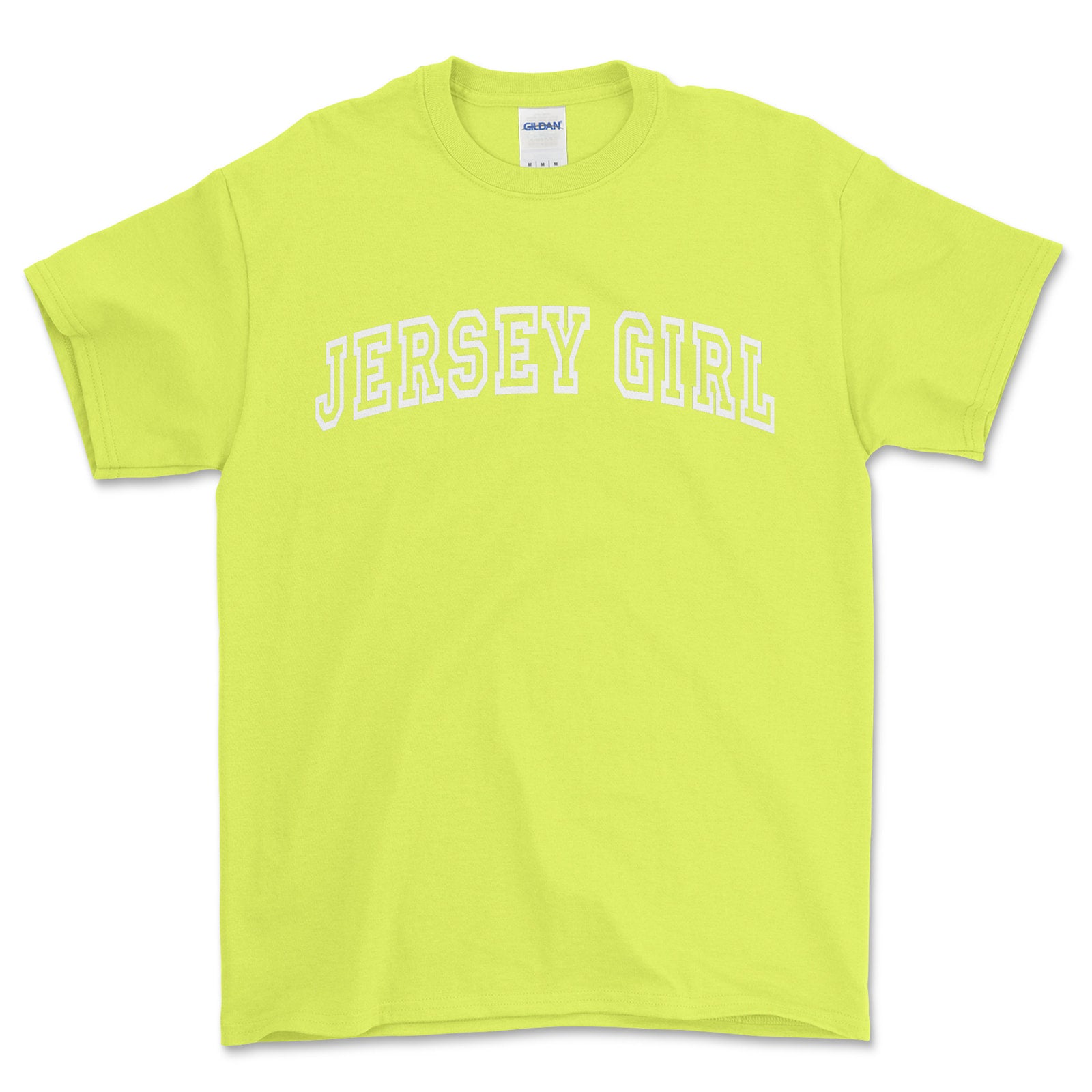 Yellow t-shirt with 'Jersey Girl' text on a white background