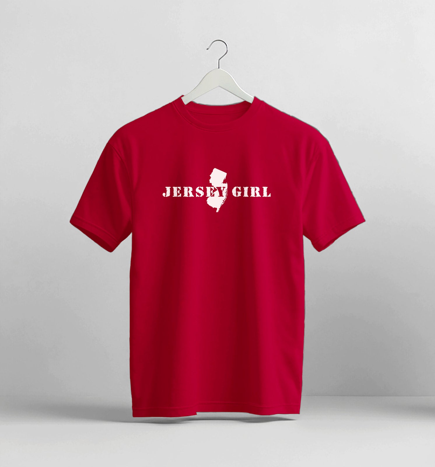 Red t-shirt with 'Jersey Girl' text on a white background