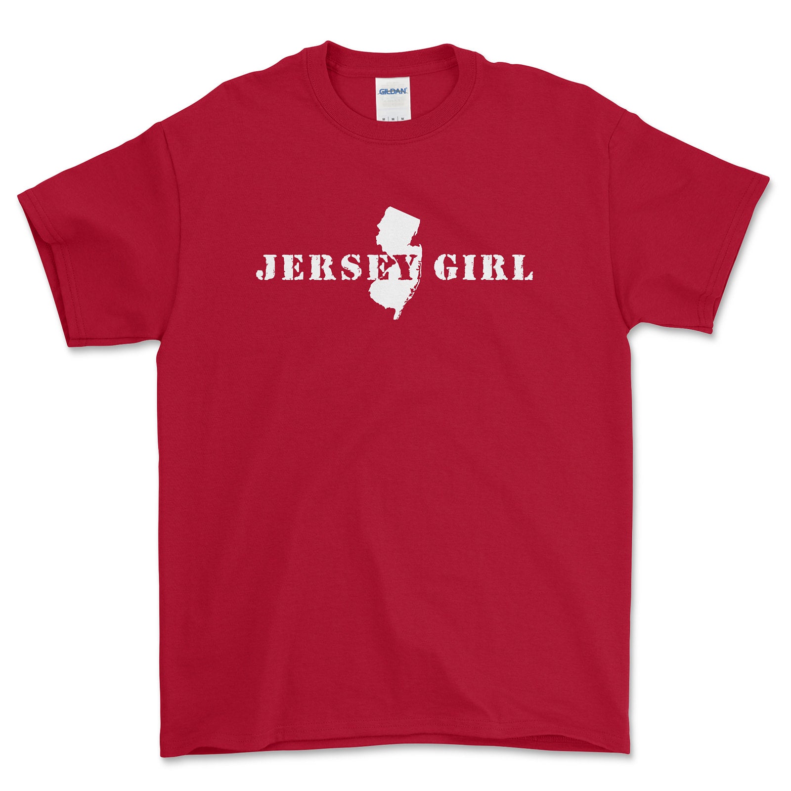 Red t-shirt with 'Jersey Girl' text and New Jersey outline on a white background