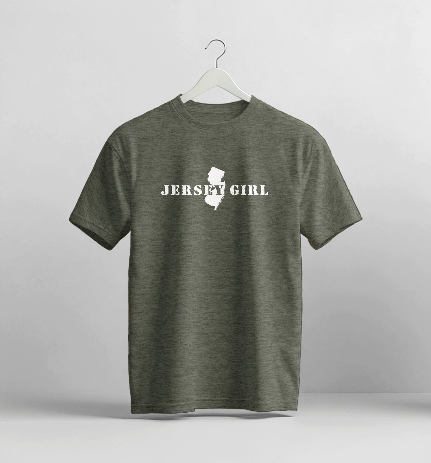 Gray t-shirt with 'Jersey Girl' text and New Jersey map on a white background