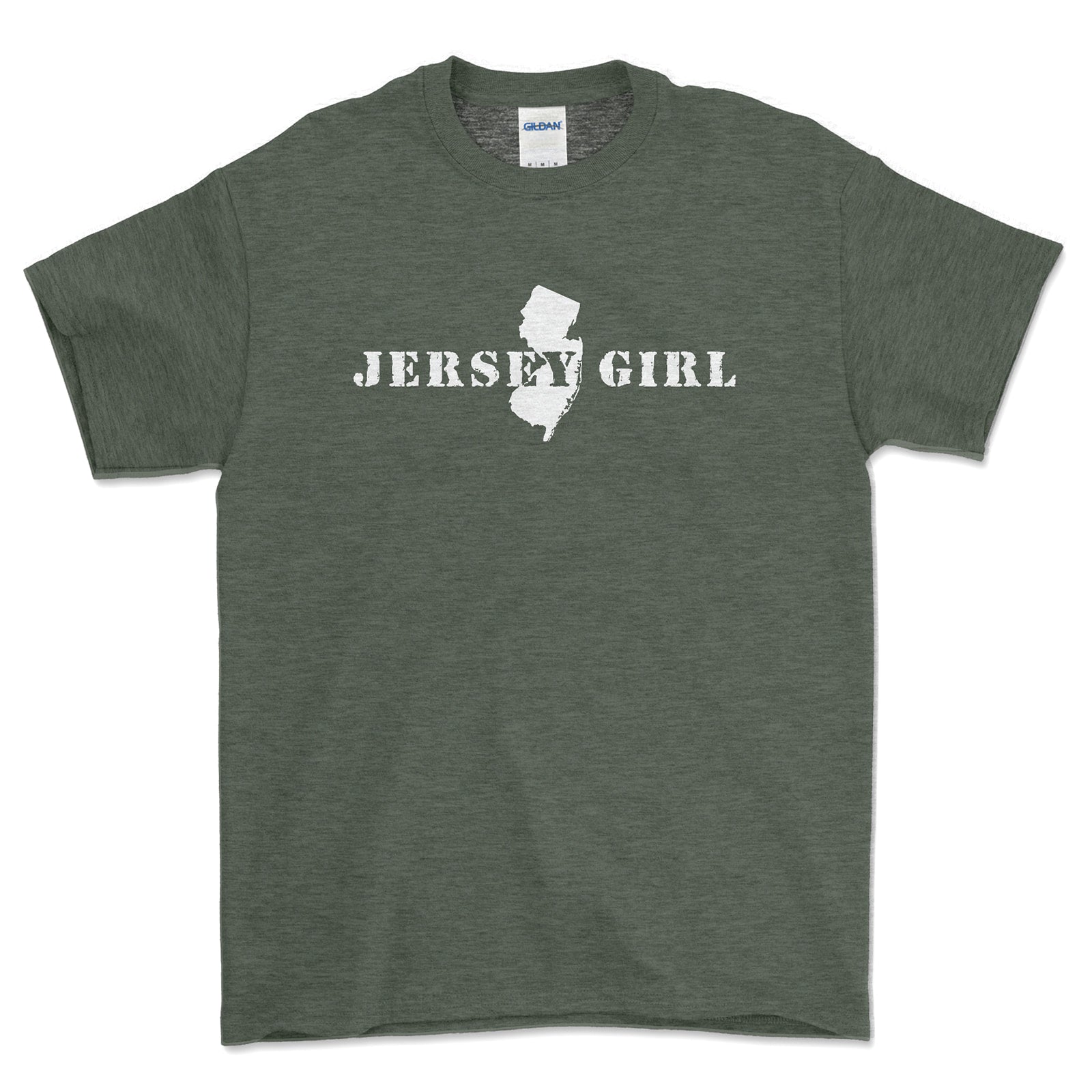 Gray t-shirt with 'Jersey Girl' text and New Jersey outline on a white background