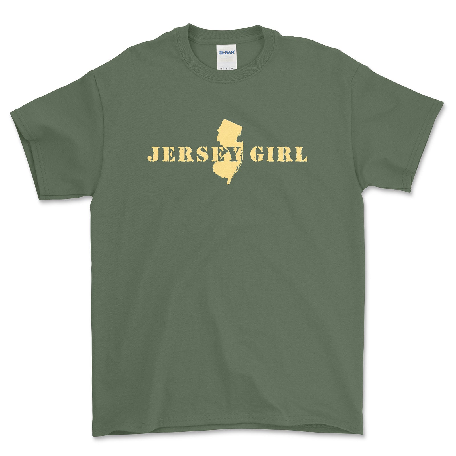 Green t-shirt with 'Jersey Girl' text and state outline on a white background