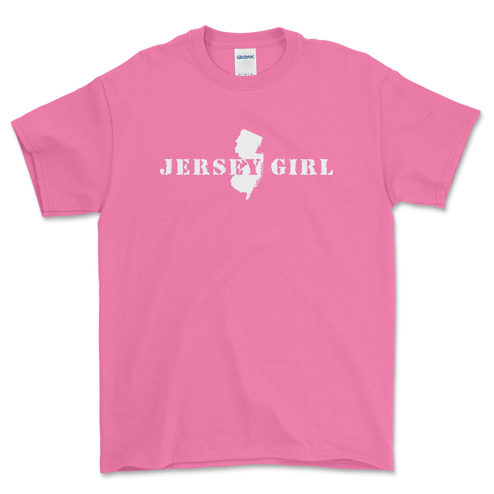 Pink t-shirt with 'Jersey Girl' text and New Jersey outline on a white background