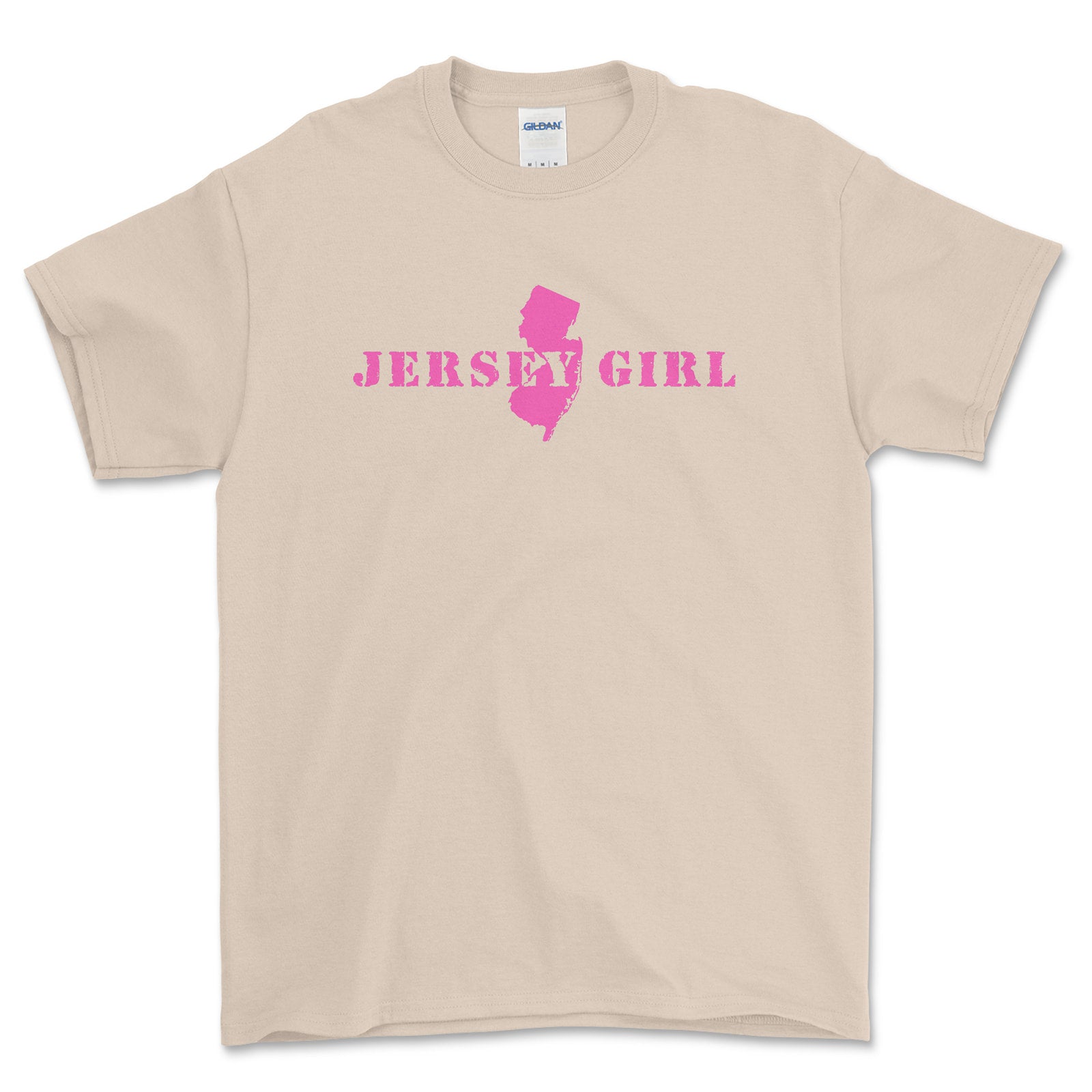 Beige t-shirt with 'Jersey Girl' text and pink outline of New Jersey on a white background