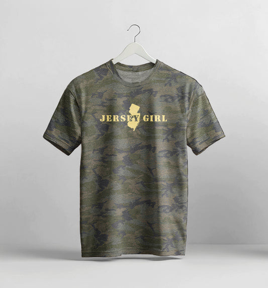 Camouflage t-shirt with 'Jersey Girl' text on a hanger against a gray background