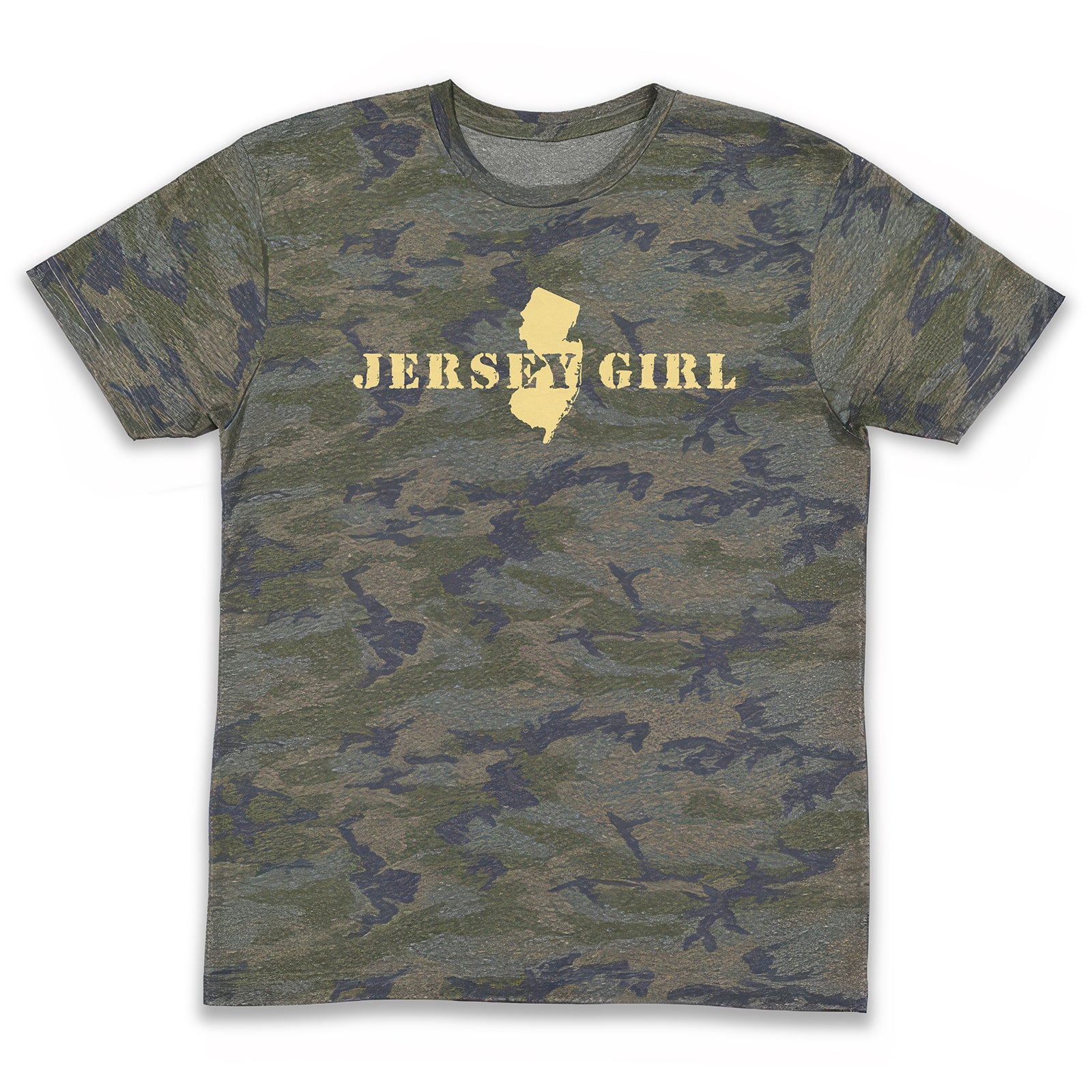 Camouflage t-shirt with 'Jersey Girl' text on a white background